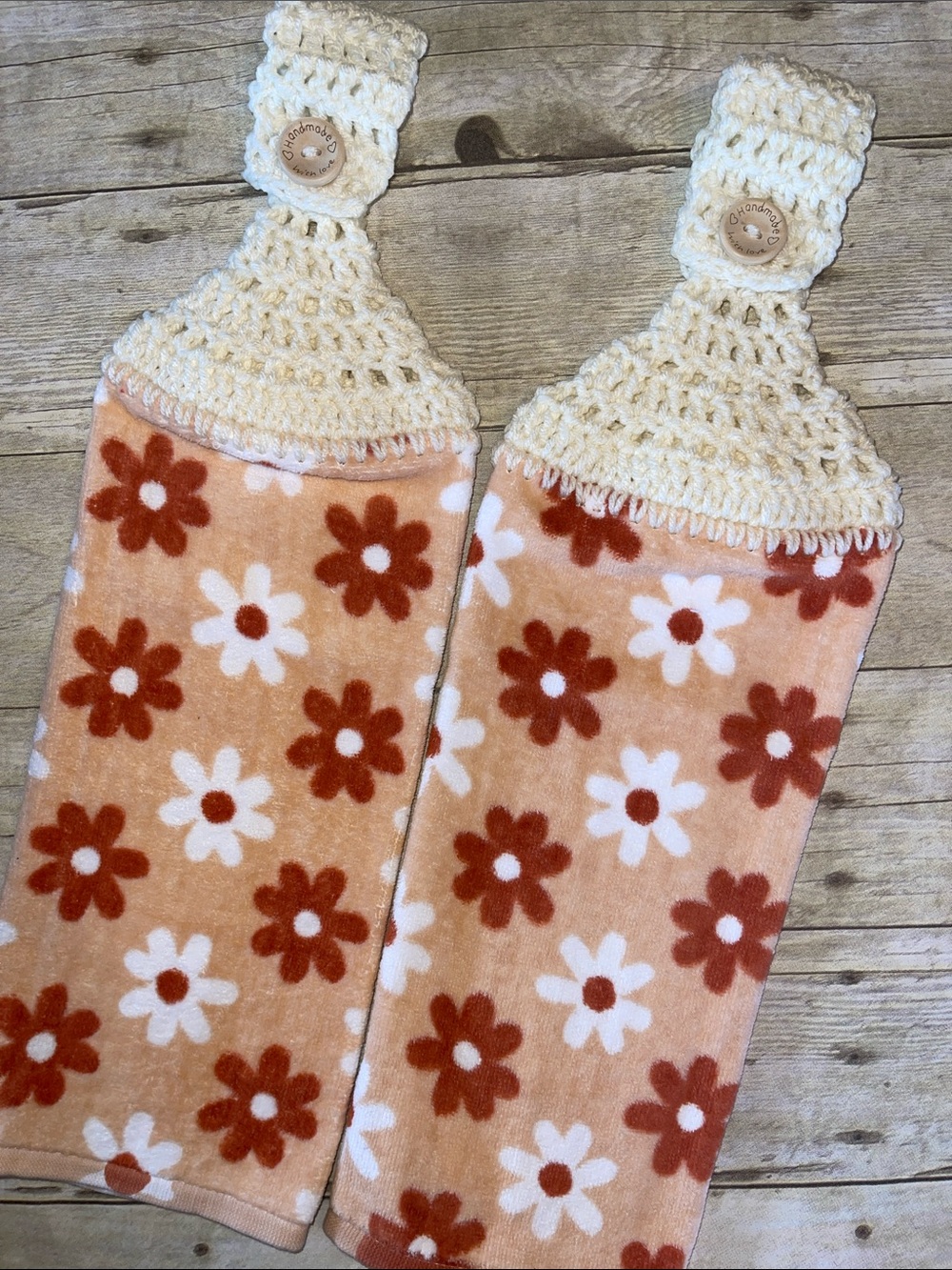 Two Crochet Top Hanging Hand Towels Daisies Burnt Orange&Lt.Peach Single Thick